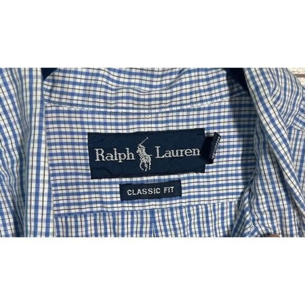 RALPH LAUREN POLO Mens Shirt 15 32/33‎ Blue White Check Short Sleeve Button Down